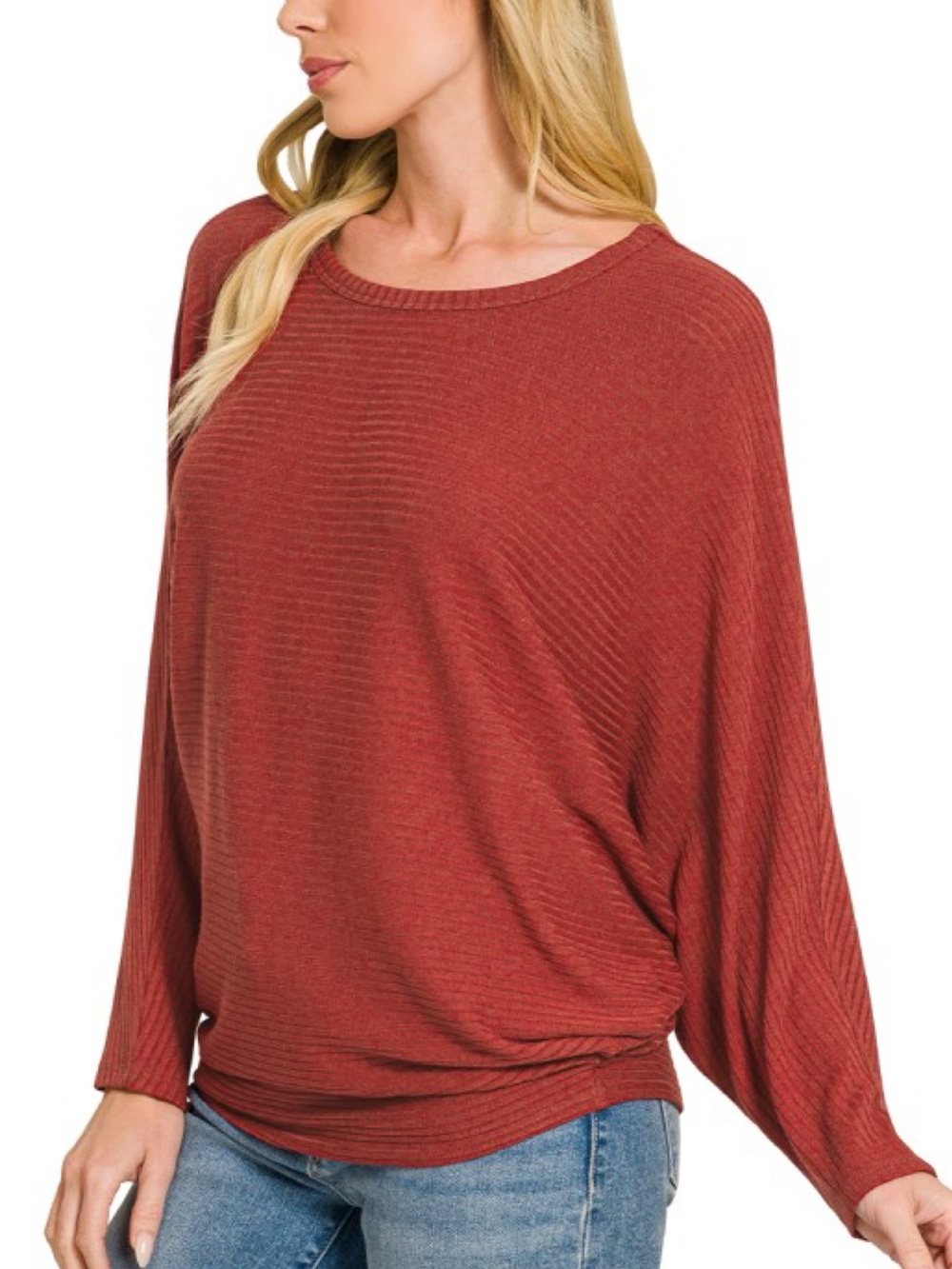 Women's Dolman Sleeve Ribbed Top - Rust - Picture 2 of 4